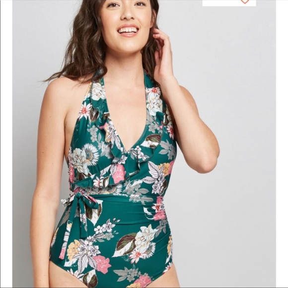 Modcloth Swim Modcloth The Reese Green Floral Onepiece Swimsuit
